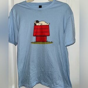 Pug "Snoopy" On Doghouse Baby Blue Cotton  Tee Size Medium